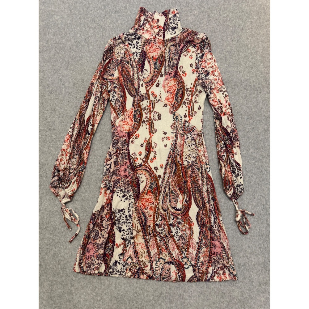 Free People Paisley Mock Neck Open Back Mini Dress Red Pink XS Boho Turtleneck